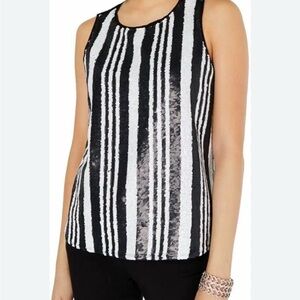 INC International Concepts Black White Striped Sequined BlouseTop L Sleeveless